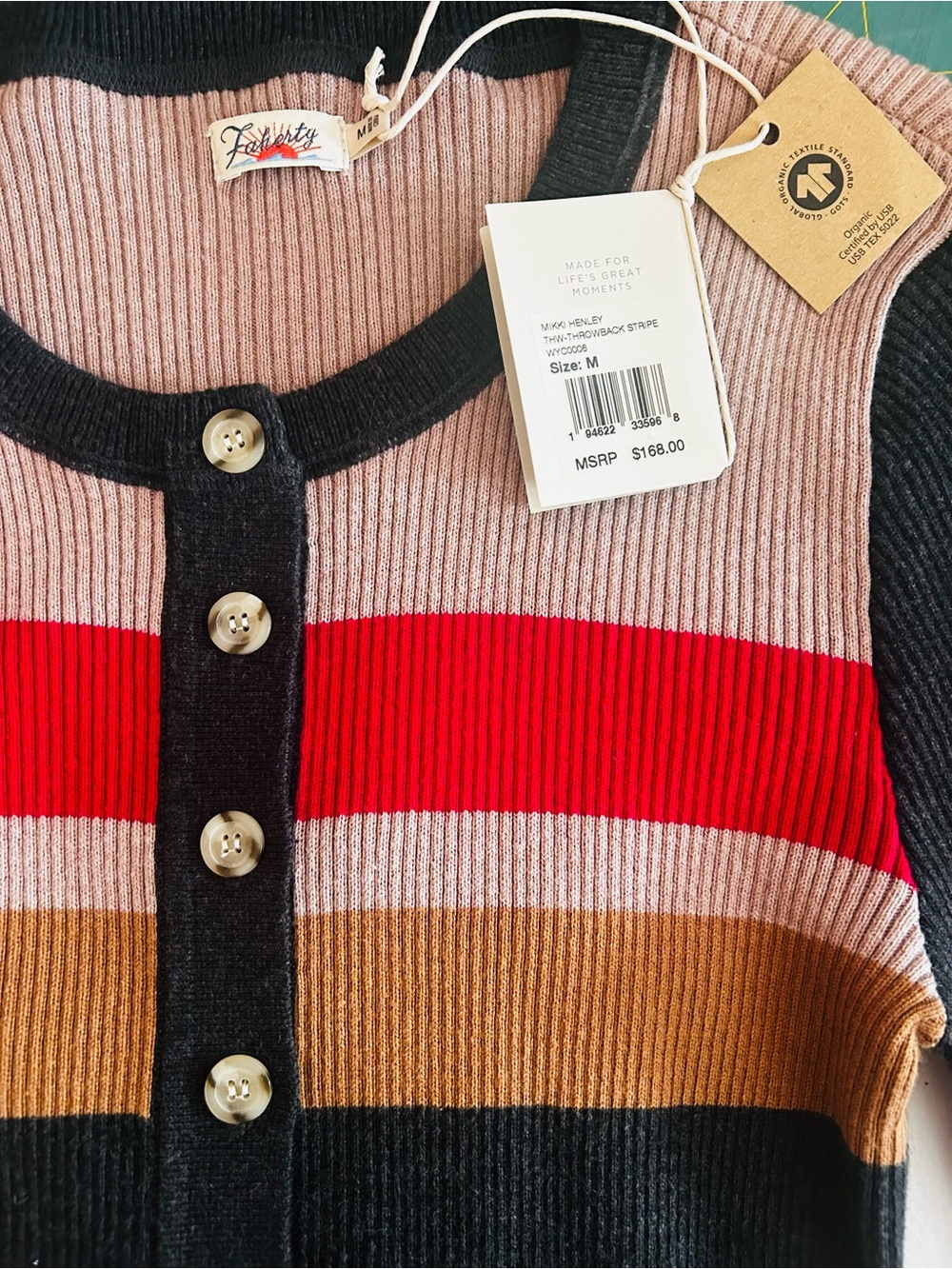 NWT Faherty Mikki Henley Cotton Cashmere Long Sleeve Ribbed Shirt Striped -M - Picture 8 of 8